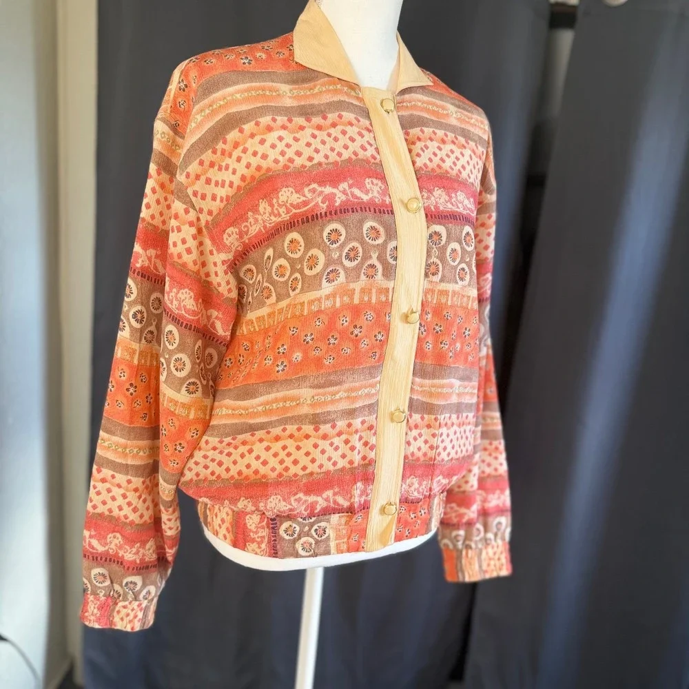 Oleg Cassini Vintage Silk Bomber Jacket Orange Geometric‎ Floral Print Small